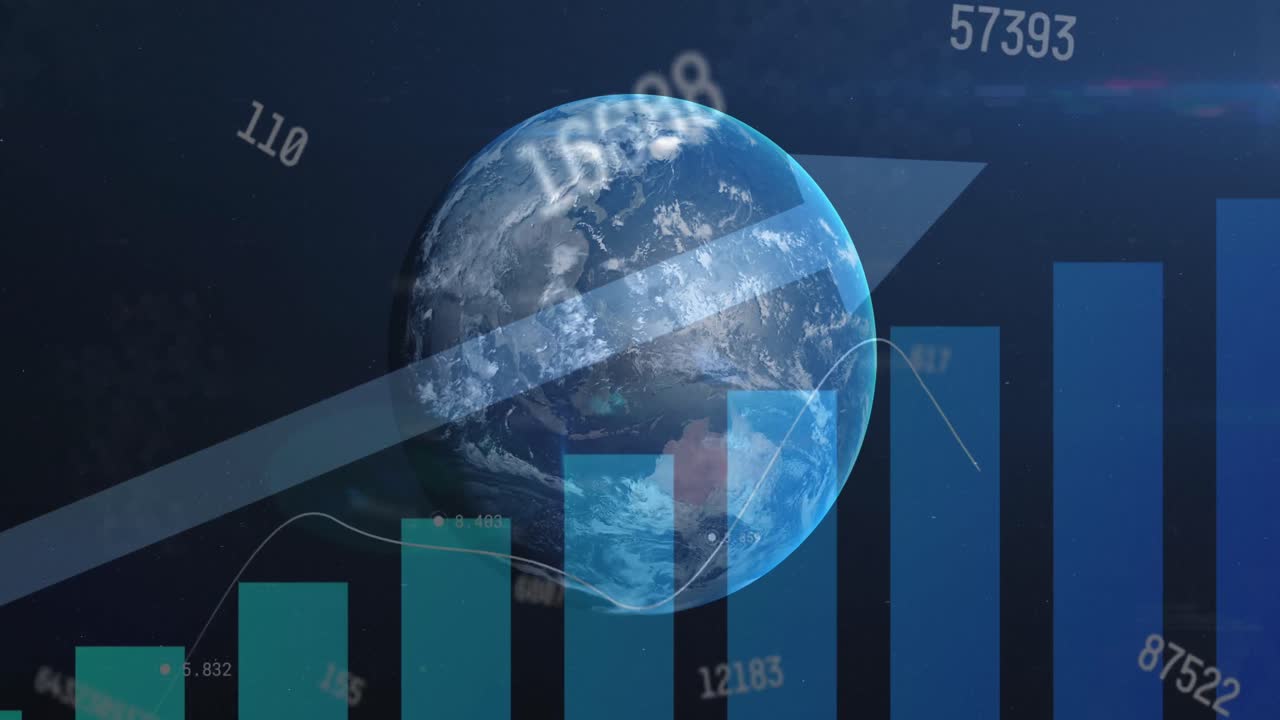 変化する数字のアニメーションと青い背景の地球上の統計データ処理