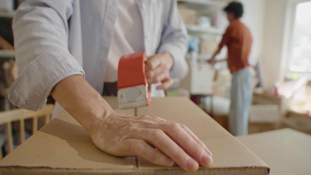 Sealing Cardboard Box in Delivery Service Office