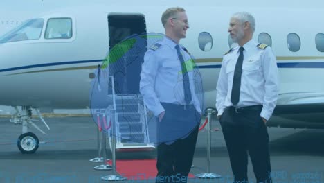 spinning globe and data processing over caucasian two pilots talking while walking on airport runway