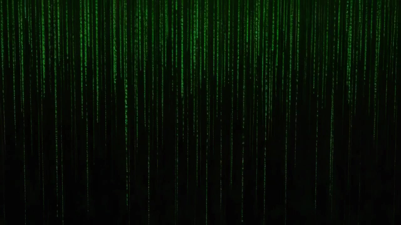 Animating green code streaks descending and showing bright nodes in black field, as code rain