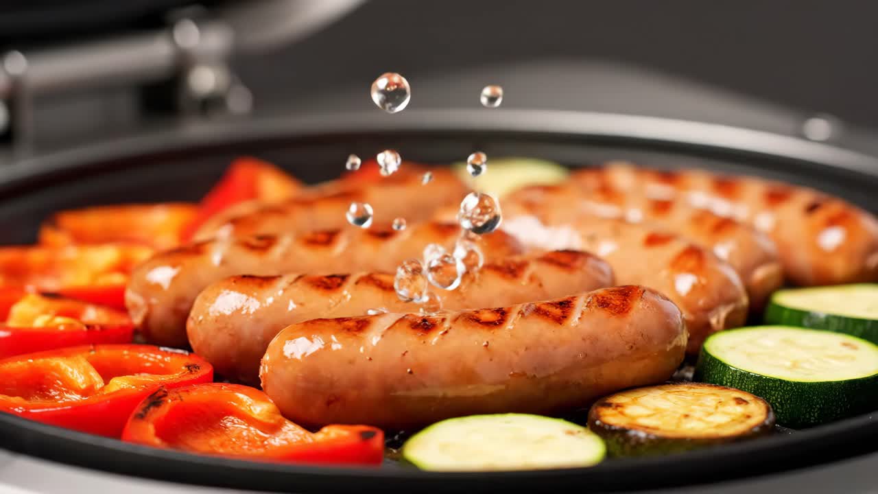 Sausages grilling with zucchini and peppers
