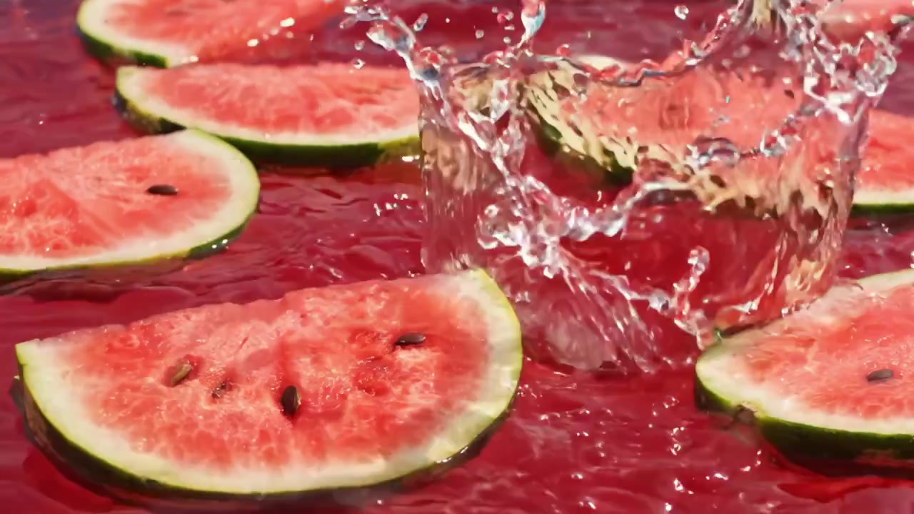 Rinfresco estivo vibrante: succose fette di anguria che galleggiano in una pozza di liquido rosso brillante, catturando l'essenza delle giornate calde e dei dolcetti deliziosamente dolci.