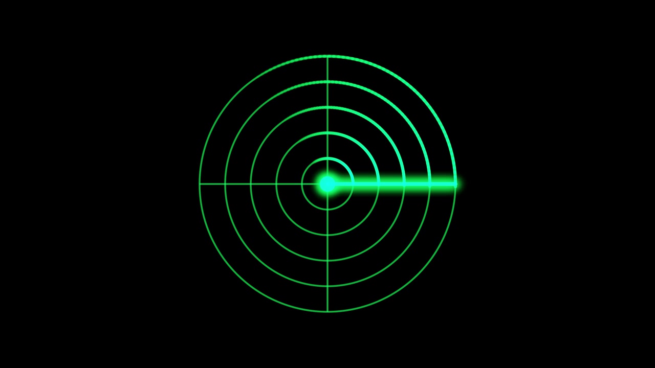 Grøn radarskærm scanning på sort baggrund.