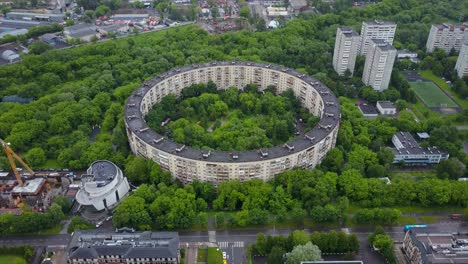 russia evening moscow cityscape famous round apartment building aerial panorama 4k