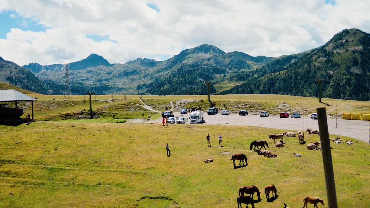 Horses grazing in a scenic mountain landscape with visitors and parked cars under a cloudy sky