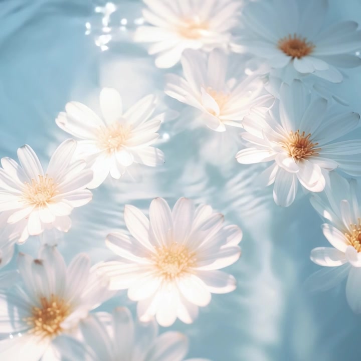 穏やかなさざ波の水面に浮かぶ白いデイジーの花