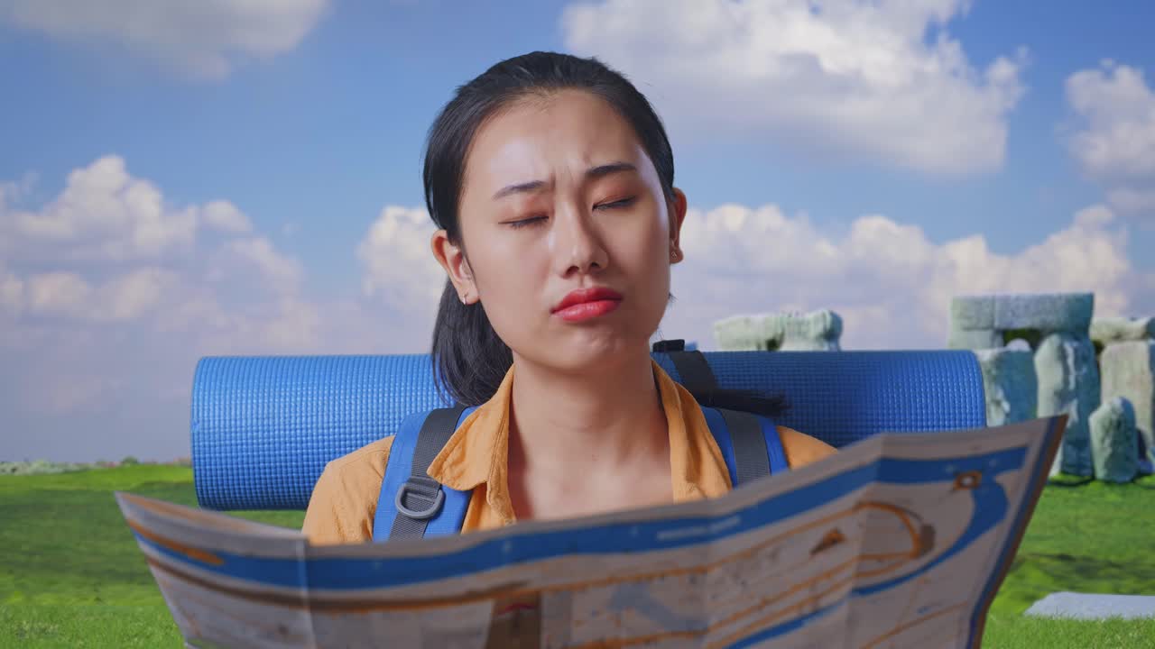 Close Up Of Asian Female Hiker With Mountaineering Backpack Looking At The Map Then Thinking While Traveling In Stonehenge