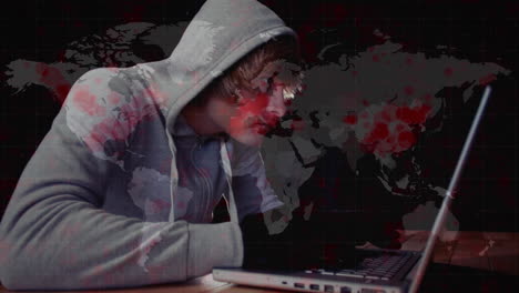 Animation of world map over hacker with laptop