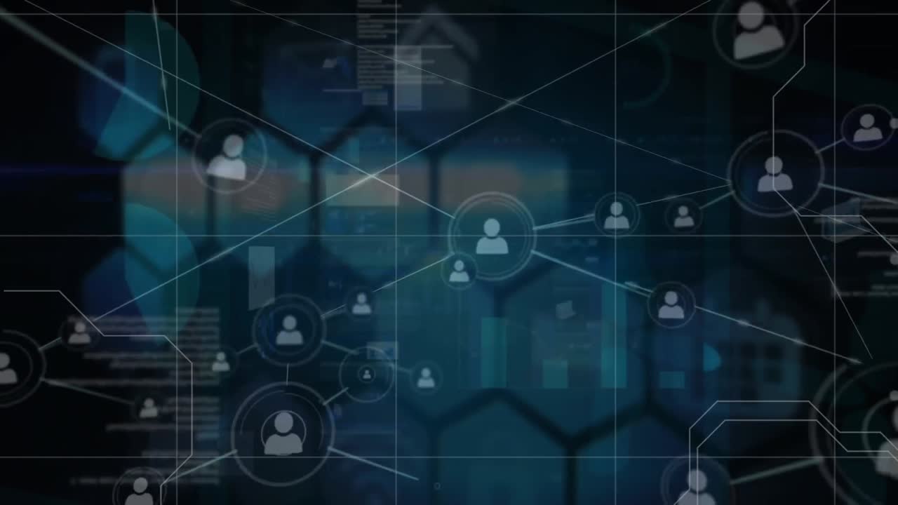 Animation of network of profile icons and data processing against blue hexagonal shapes