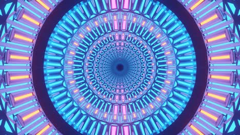 Fast-beating-circles-rotating-and-expanding-with-bright-purple-and-pink-colorful-designs-and-patterns,-motion-graphics-sci-fi