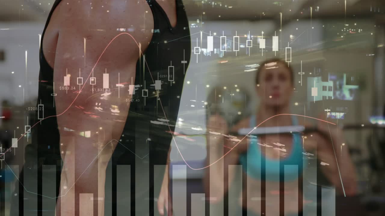 Man gripping dumbbell and doing curls in gym, finance charts overlaying arm, building strength