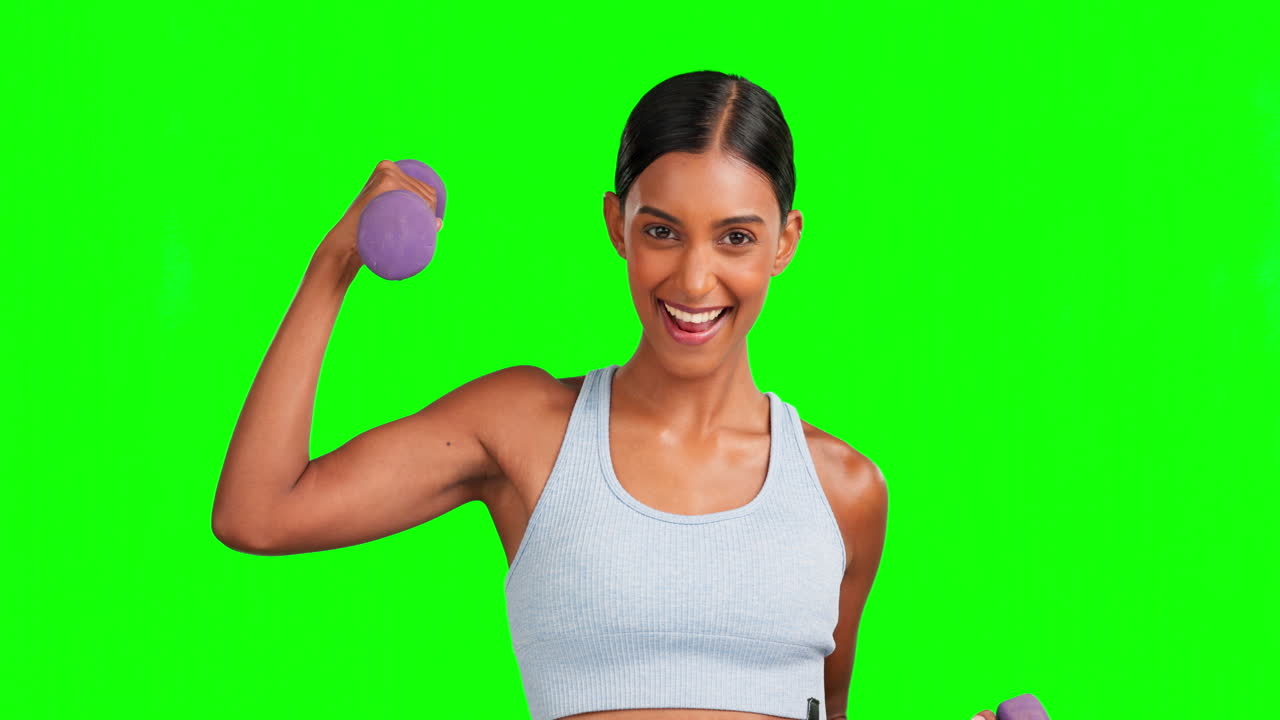 Green screen, face and happy woman with dumbbells