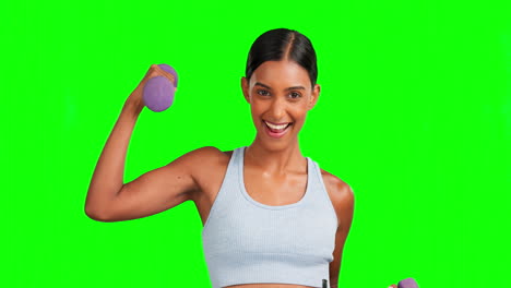 pantalla verde, cara y mujer feliz con pesas
