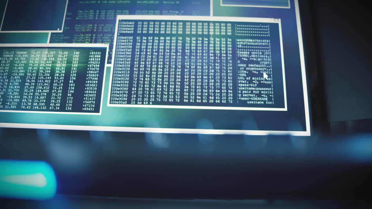 Different screen in a control center show computer code, binary data, data transfer