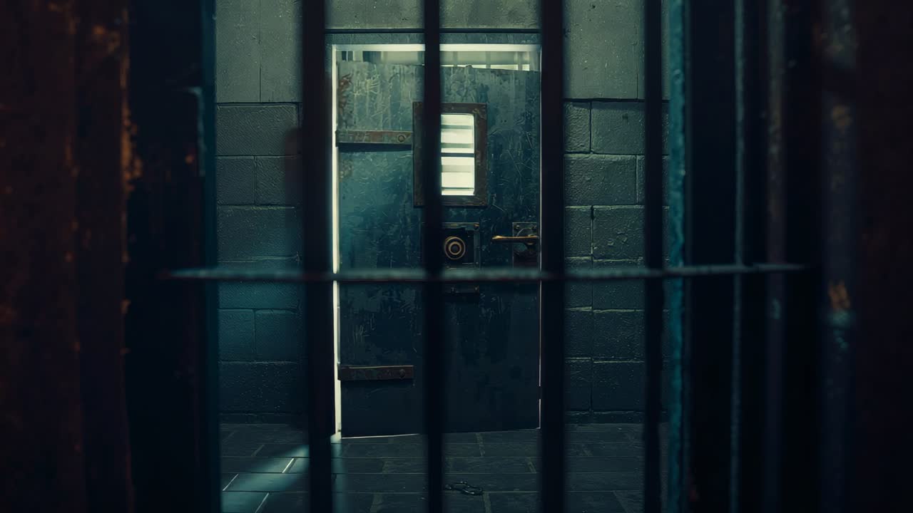 Unlocking latch, metal swing door swinging inward past cell bars in holding cell, allowing daylight