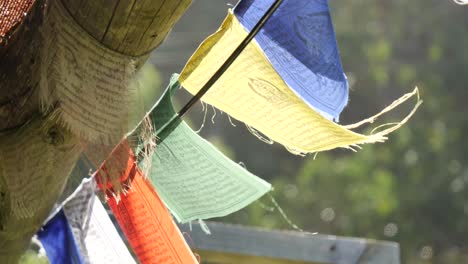 banderas de oración coloridas en primer plano en un día de viento con un fondo verde en cámara lenta