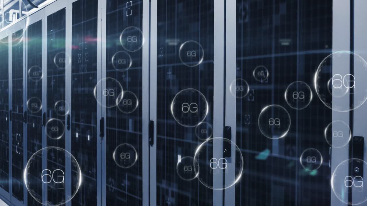 Animation of 6g text banners floating and light spot against computer server room