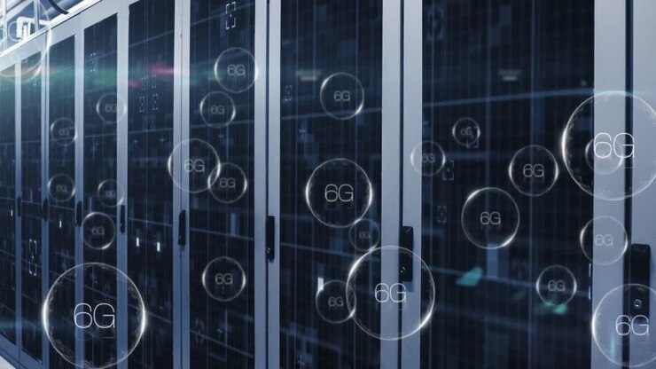 Animation of 6g text banners floating and light spot against computer server room