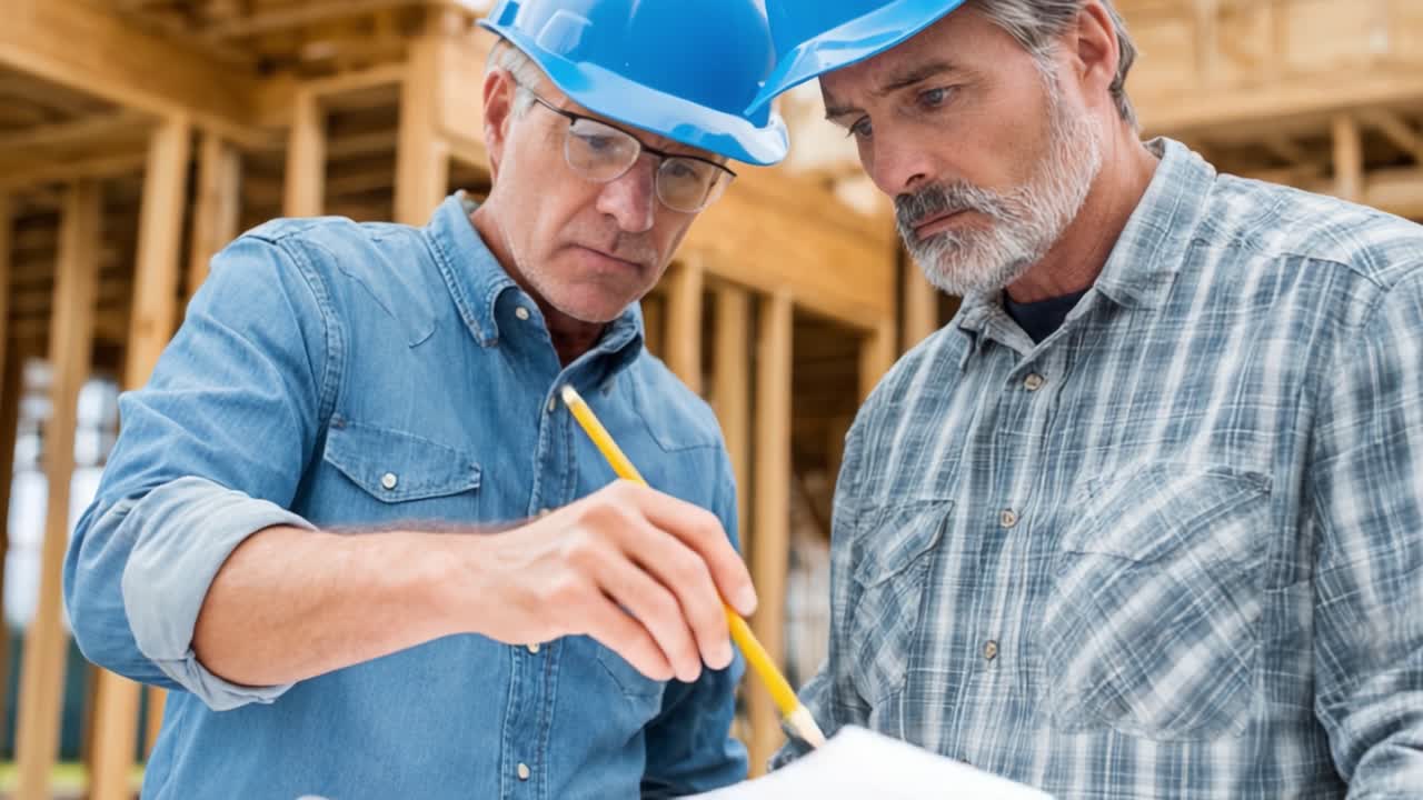 Two construction professionals collaborate on a building project, reviewing plans and discussing important details while wearing safety helmets in a partially constructed structure