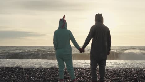 couple in animal costumes at sunset beach