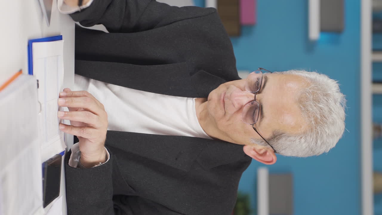 야심차고 결단력 있는 홈 오피스 노동자의 포트레이트의 수직 비디오.