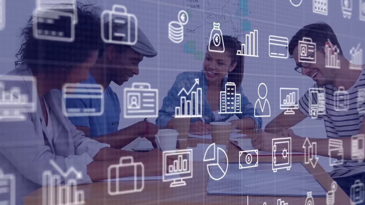 animación de múltiples iconos digitales que se mueven sobre diversos colegas que discuten en la oficina