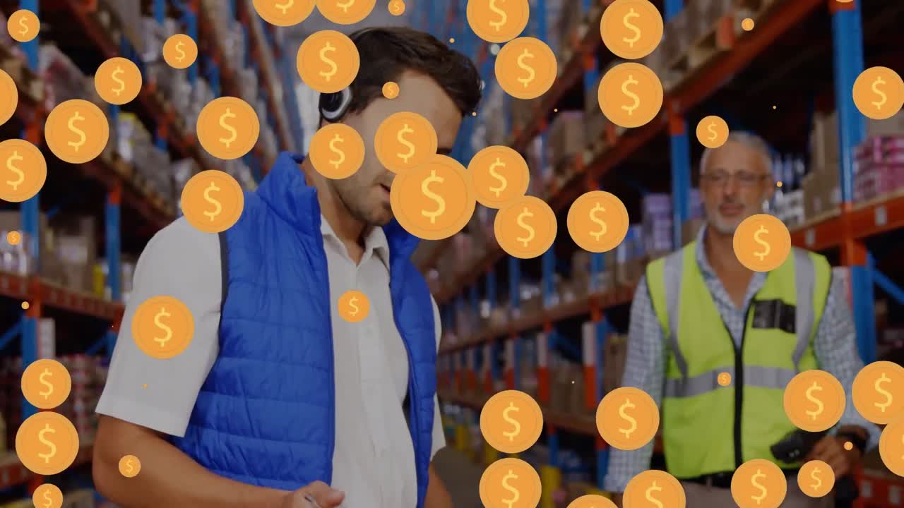 창고의 다양한 노동자들에 대해 박이는 달러 기호의 애니메이션