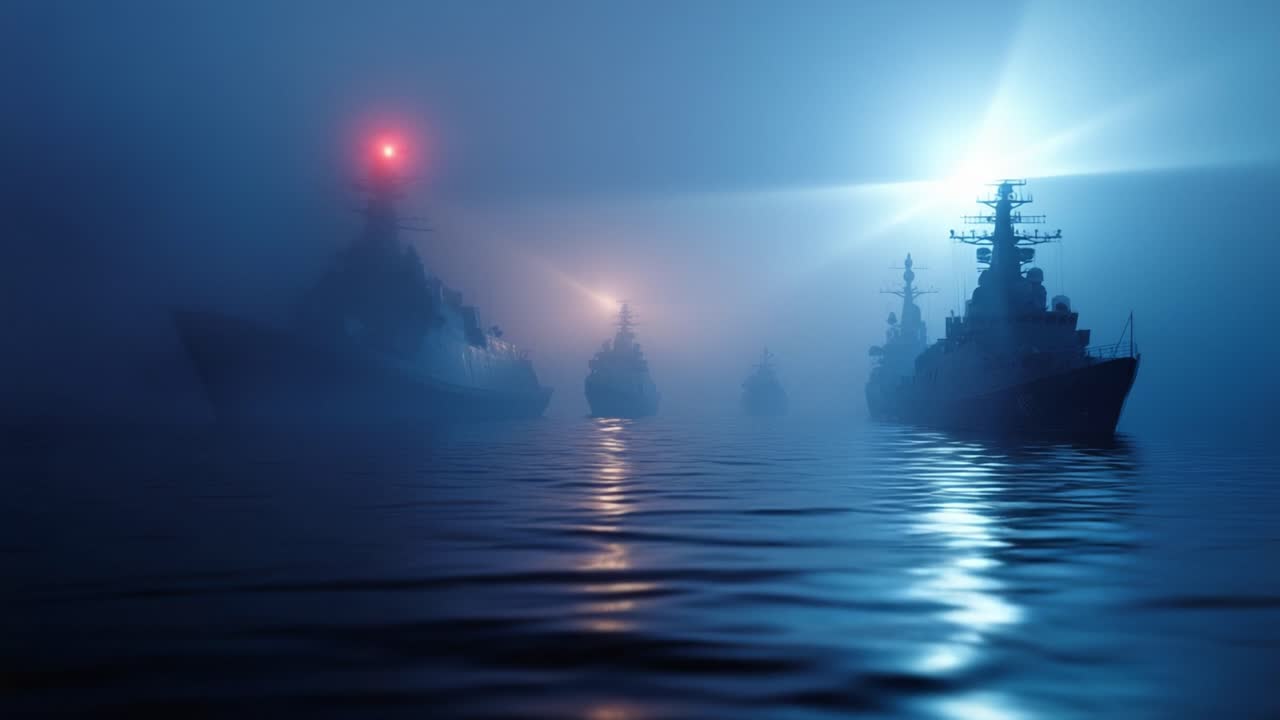 Siluetas de buques de guerra se deslizan por las aguas brumosas de la noche. Luces de navegación brillantes atraviesan la niebla, reflejándose en el mar en calma. Los barcos se mueven en formación, sugiriendo una operación naval coordinada.