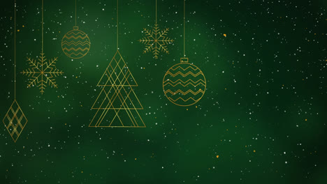 animation of falling snow over christmas decorations on green background