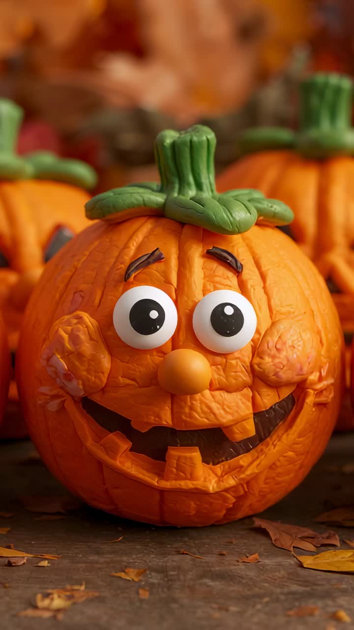 Vertical video: Opening shot panning around carved pumpkin on tabletop with pumpkins, leaves