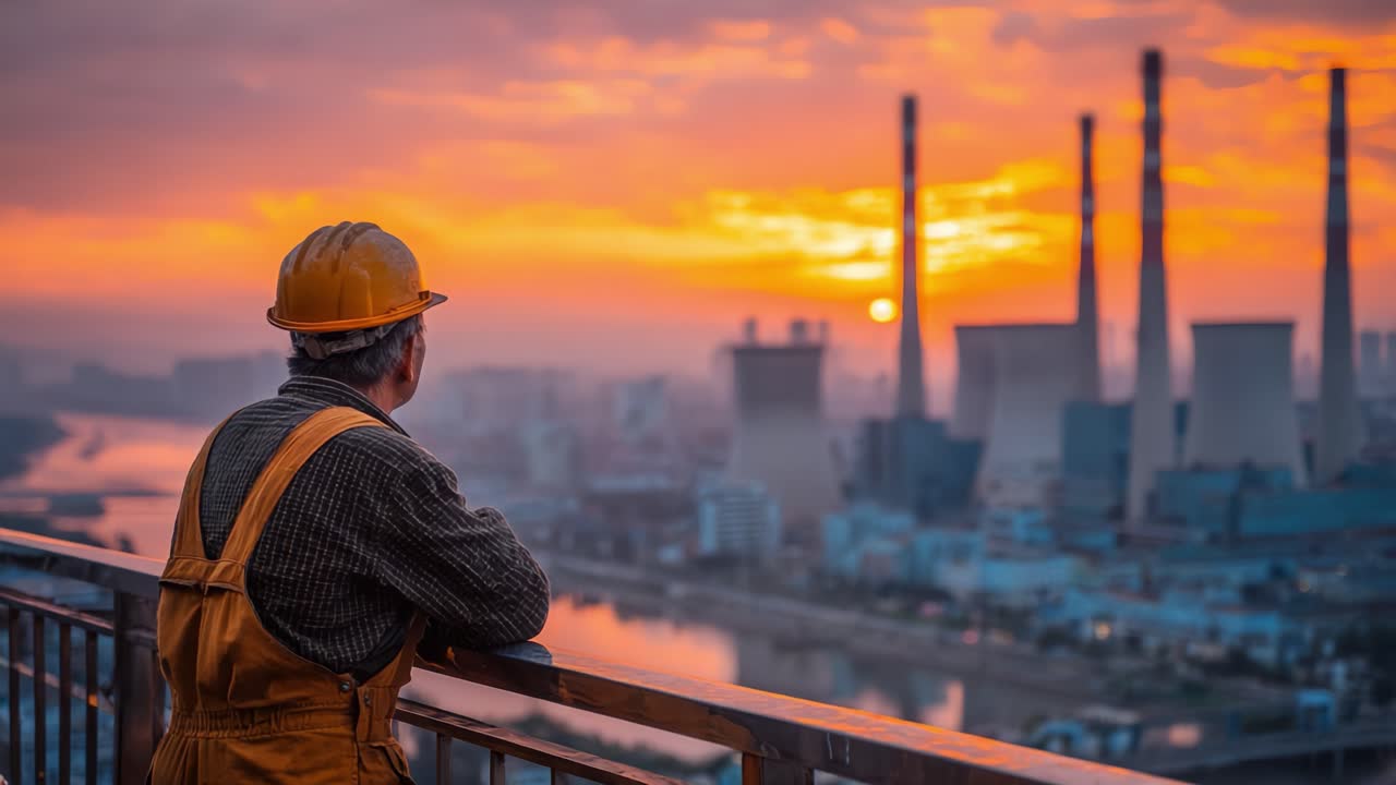 Un operaio pensieroso osserva un paesaggio industriale al tramonto, riflettendo sugli sforzi della giornata e sulla bellezza della natura giustapposta ai macchinari.