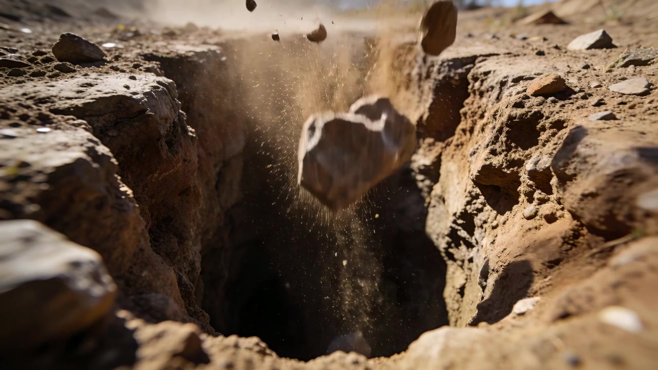 Frammenti di roccia che cadono e una colonna di polvere che scende a cascata sul bordo di una trincea asciutta dopo il crollo di terreno friabile.