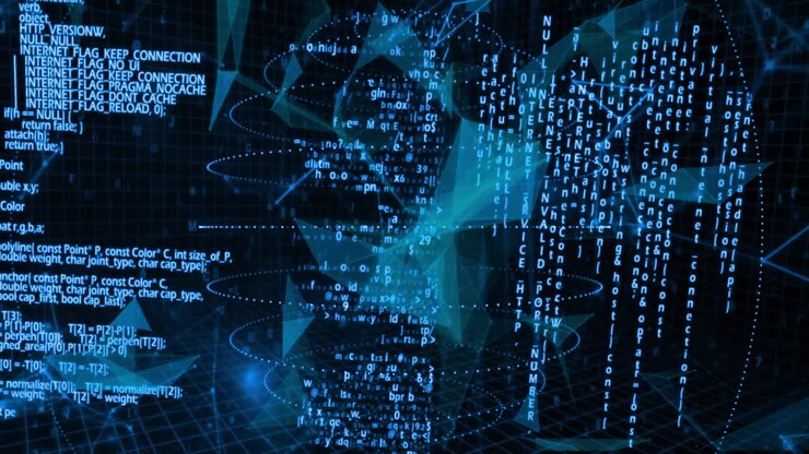 Animation of data processing over network of connections on black background