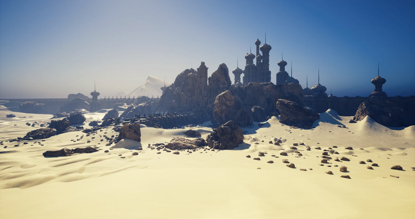 Dusty desert cityscape featuring eroded structures and distant fortress
