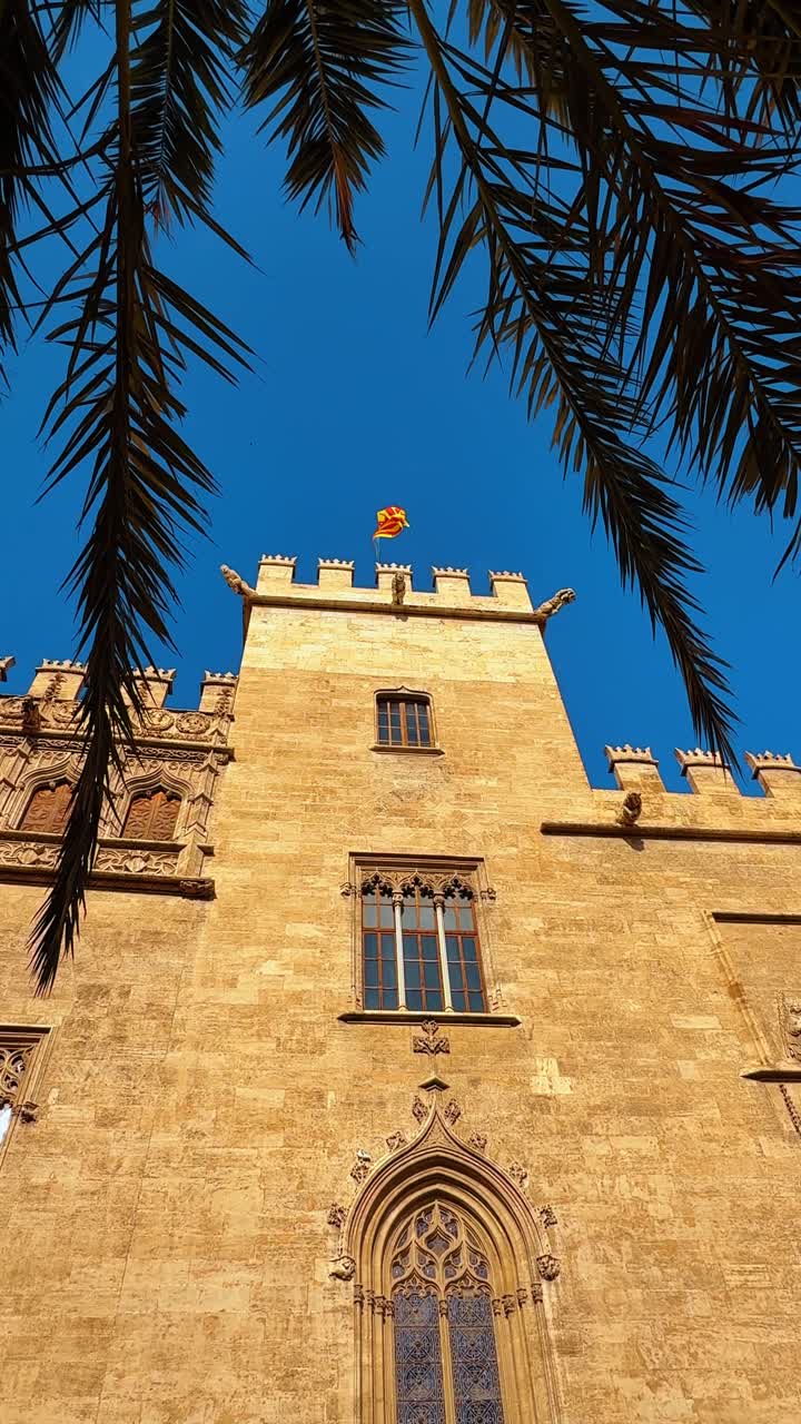 Primo piano di torre gotica in pietra con bandiera e palma. Dettaglio di torre medievale in pietra e merli con bandiera incorniciata da fronde di palma verdi contro un cielo azzurro limpido.