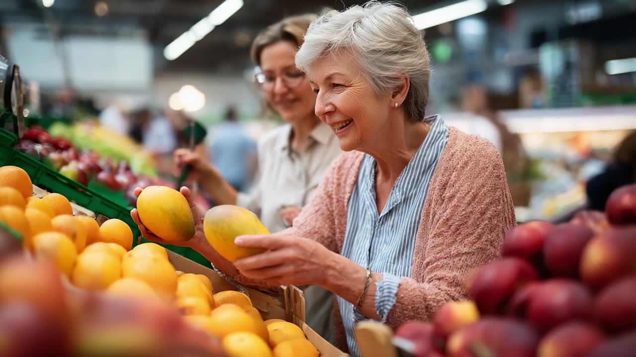 A Joyful Experience in a Fresh Market: An Elderly Woman Selects Juicy Mangoes Amidst a Colorful Display of Fruits, Enjoying the Vibrant Atmosphere with a Friend by Her Side, Embracing the Joy of Healthy Choices