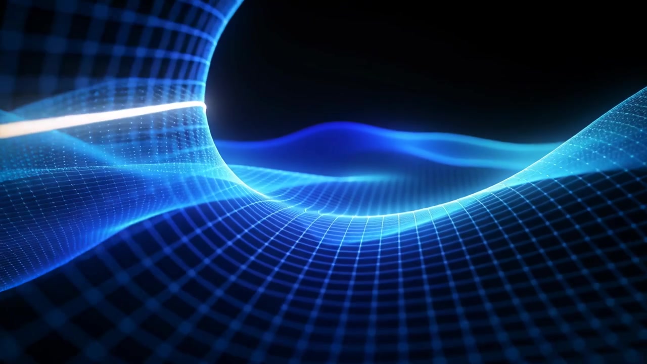 Camera pulling back, revealing undulating blue parametric mesh wave tracing cyan seam, point lights