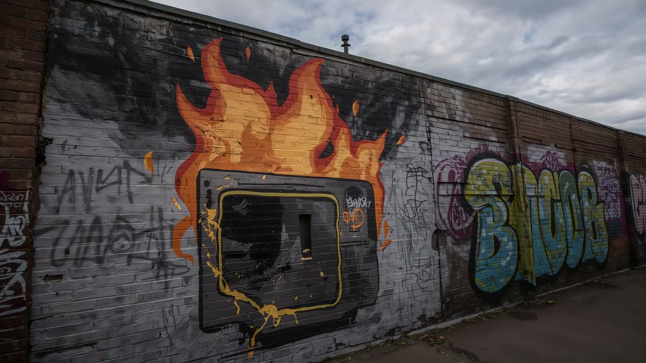 Moving camera from brick column across urban wall, revealing flaming cassette blue-green tag