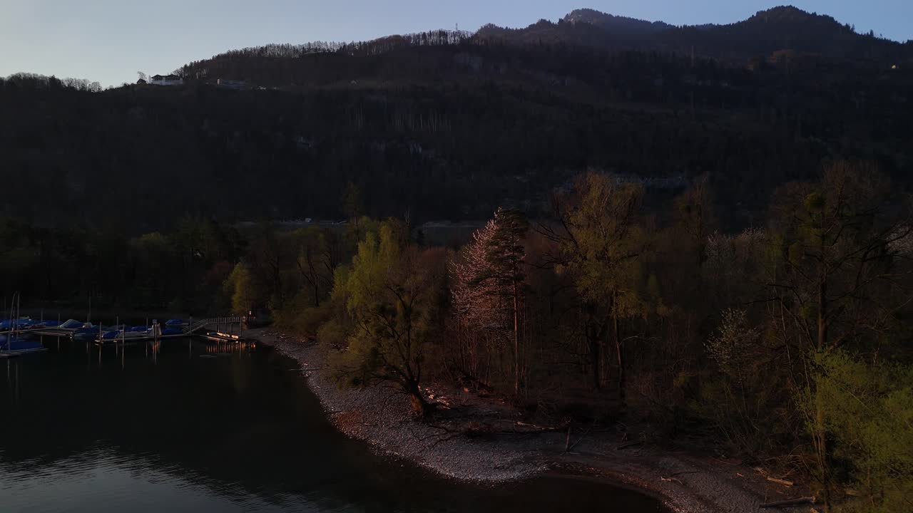 Marina boats moored Walensee lake Walen Switzerland aerial drone over forest Switzerland
