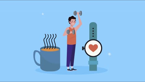 man die dumbbells tilt met drank en smartwatch
