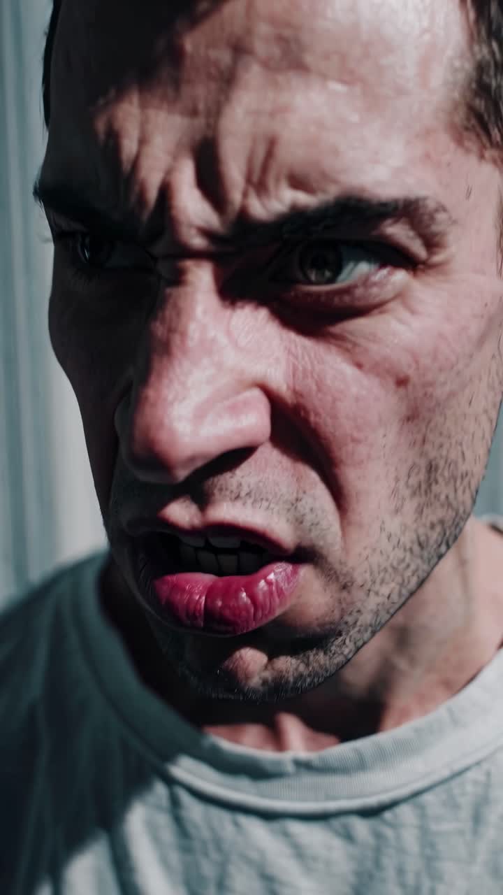 Close-up video shot of a man's intense expression, capturing raw emotion