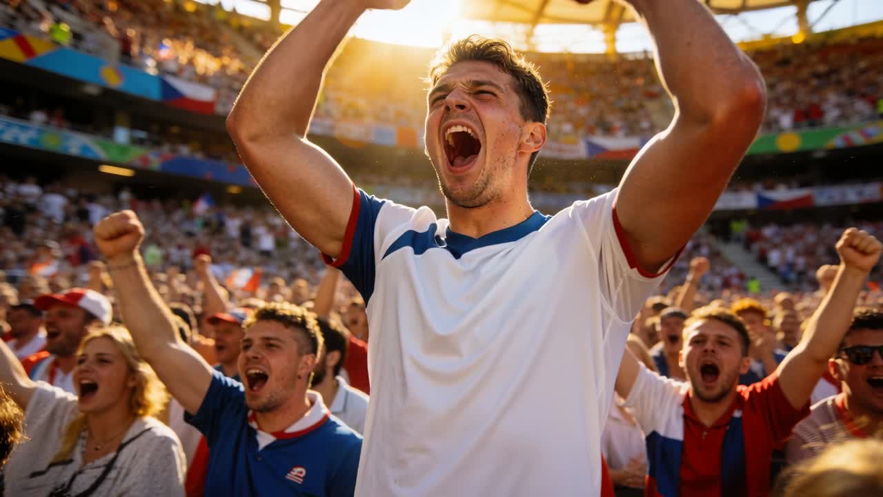 Aficionado con camiseta blanca levantando los brazos y gritando tras un momento del partido en el estadio con banderas.