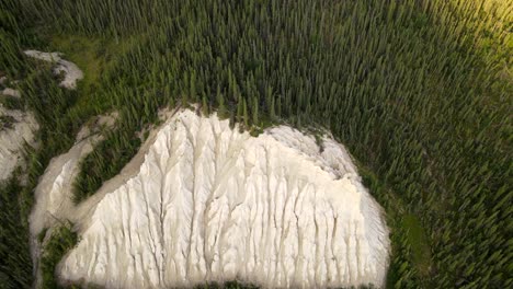 aerial drone perspective of a huge limestone rock with grooves surrounded by a pine forest in the british columbia, canada