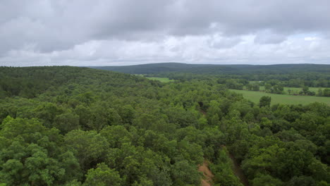 Pull-back-over-woods-and-away-from-beautiful-countryside-on-a-cloudy-summer-day