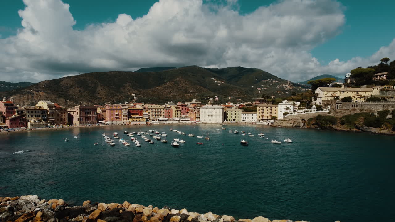 Coastal Town in the Italian Riviera with Boats in the Harbor