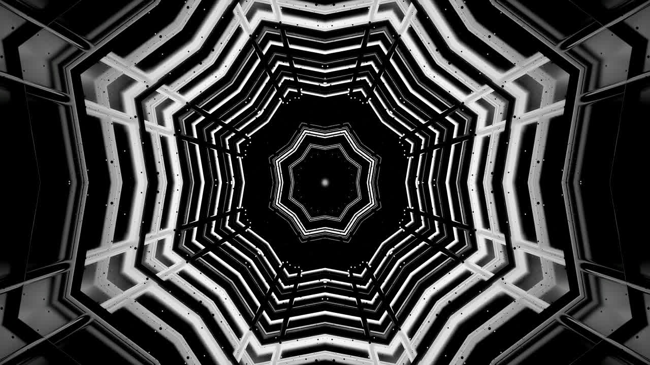 A captivating abstract tunnel design featuring geometric shapes and patterns in black and white. This continuous animation creates a hypnotic ambiance suitable for screensaver use