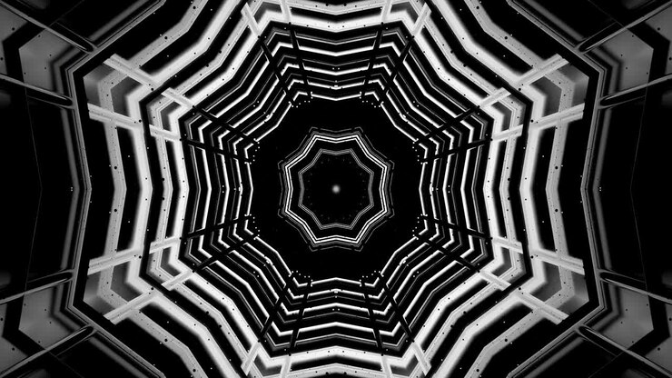Um design de túnel abstrato cativante com formas e padrões geométricos em preto e branco. Essa animação contínua cria um ambiente hipnótico adequado para uso como protetor de tela.