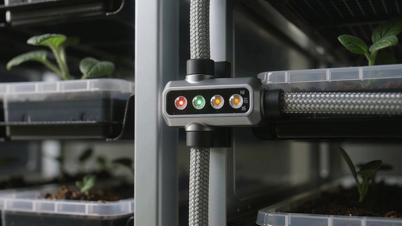 Displaying module with four LEDs, camera pulling back revealing hose and trays monitoring system
