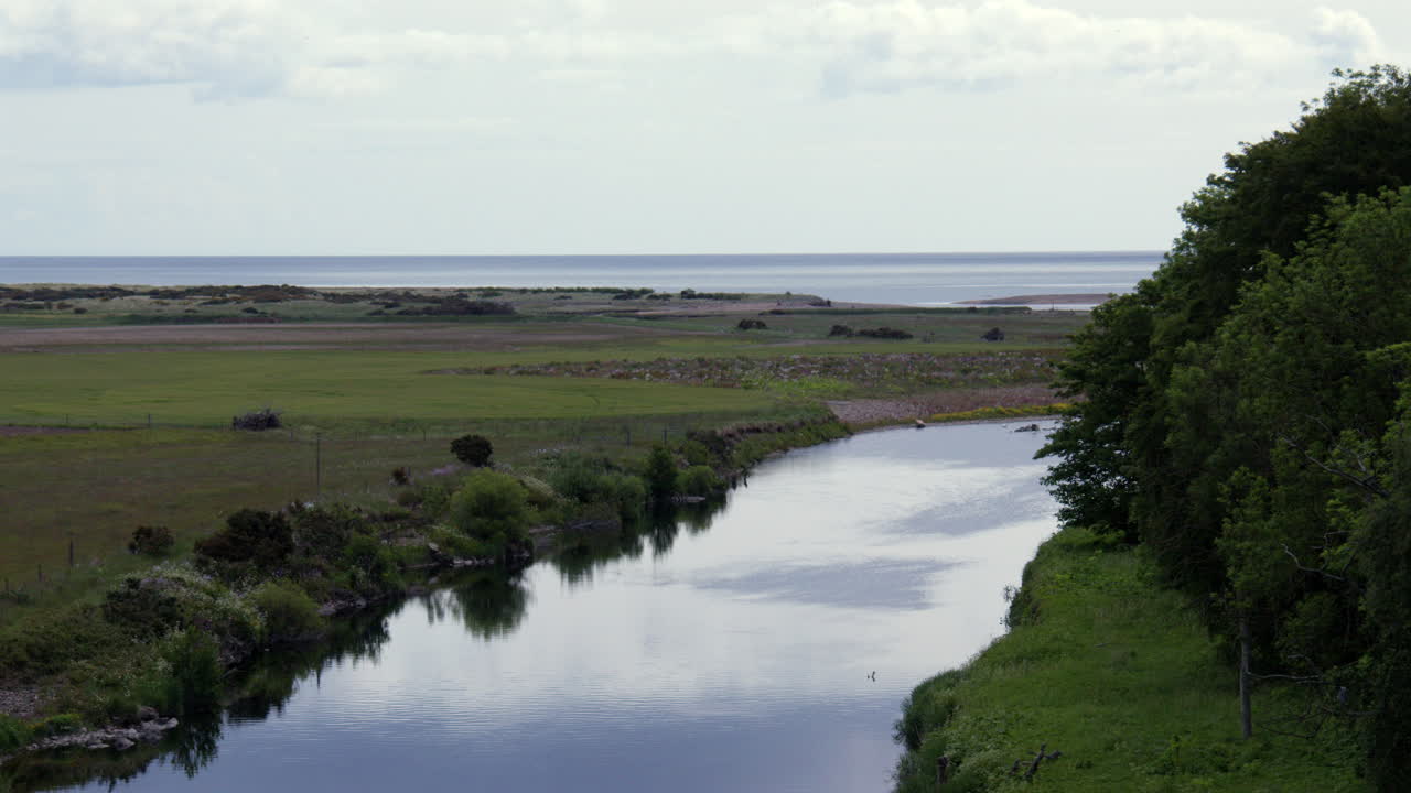 Mid shot of the river north Esk and the sea beyond
