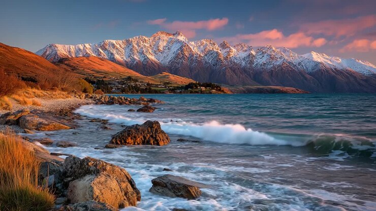 Sereno paesaggio costiero al tramonto: onde affascinanti e maestose montagne innevate che riflettono un tramonto splendente su un litorale tranquillo
